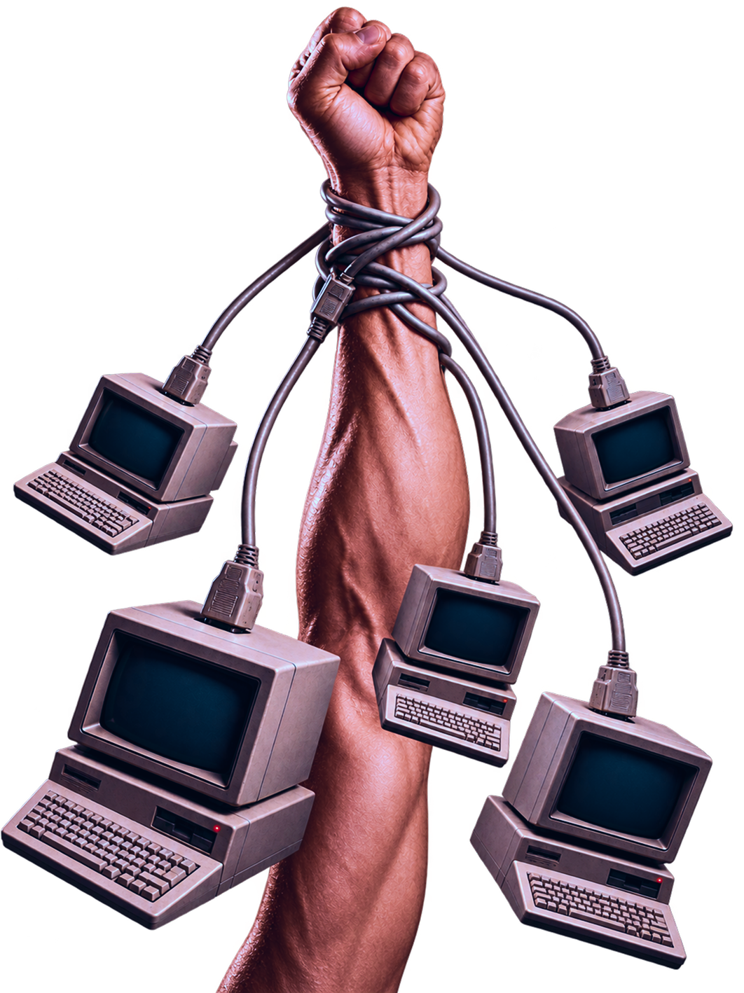 A fist breaking free of the cables tethering it to a cluster of desktop computers.