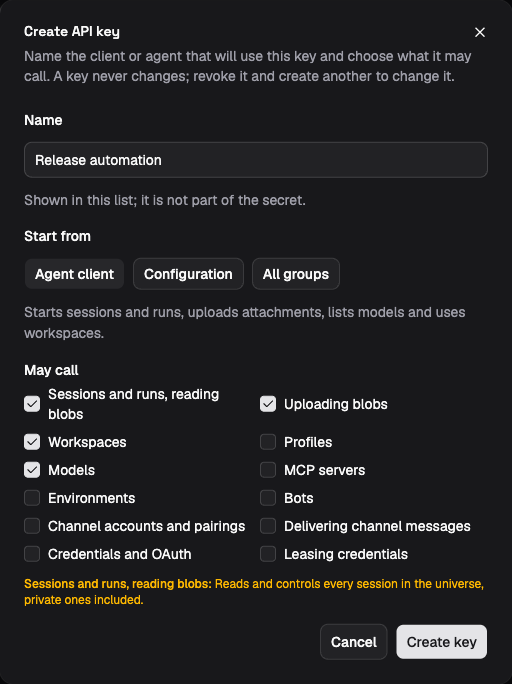 Create API key dialog with Release automation as the name, the Agent client preset selected, sessions, blob uploads, workspaces and models checked, and a warning that session access includes private sessions.