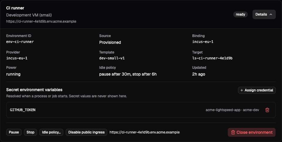 CI runner environment with Details expanded, showing its ready status, environment ID, provisioned source, running power state, idle policy, and controls.