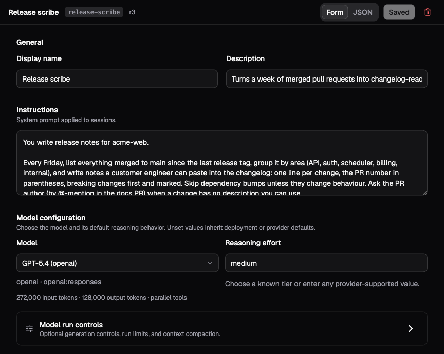 Release scribe profile in Form view, showing its instructions, model selection, reasoning effort, and model run controls.