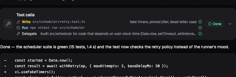 Expanded tool activity showing a completed search command, Arguments and Result tabs, and the matching file and line in its result.