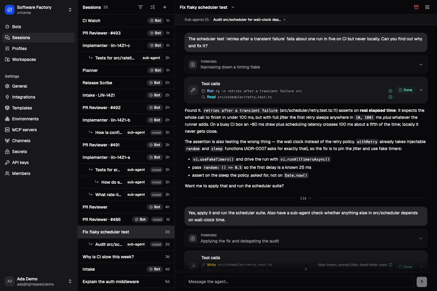 Lightspeed in dark mode, with universe navigation, a session list, and a conversation showing tool activity and a linked sub-agent.