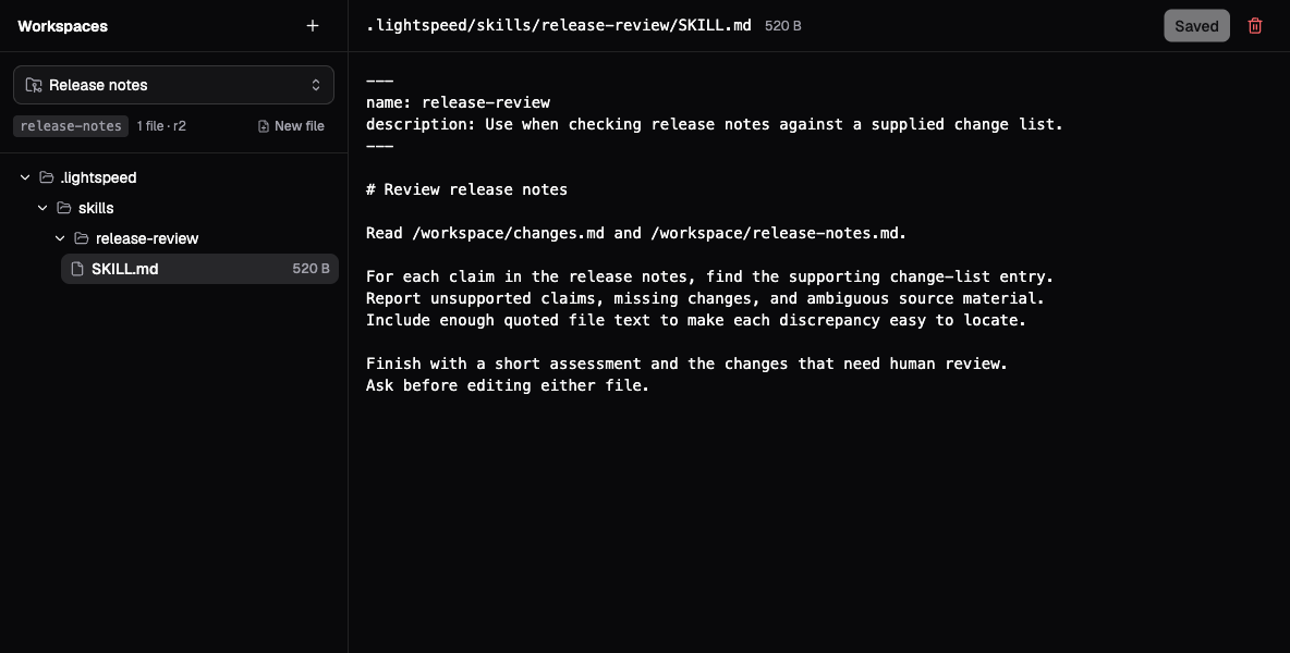 Release notes workspace with .lightspeed/skills/release-review/SKILL.md selected in the file tree and its saved Markdown open in the editor.